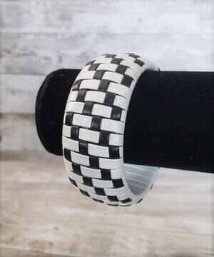 Vintage Bracelet / Bangle - Off White & Black Woven Checkered Pattern